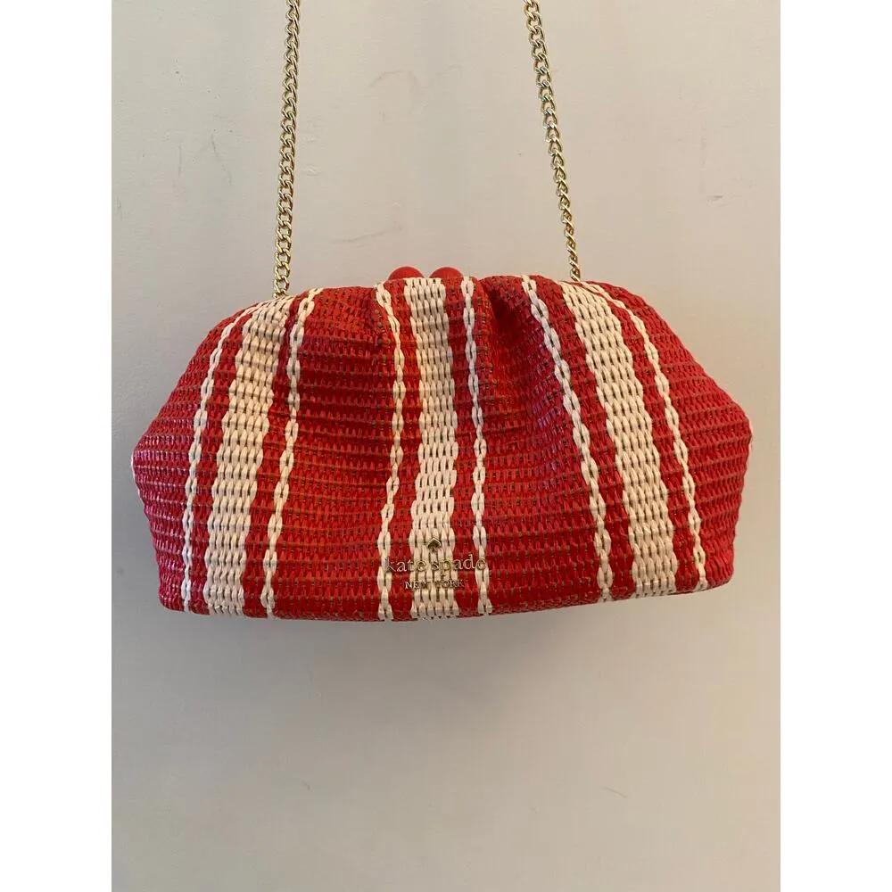 Kate Spade New Scrunchy Convertible Clutch Red Tan Wicker Rattan Striped Summer - Image 5