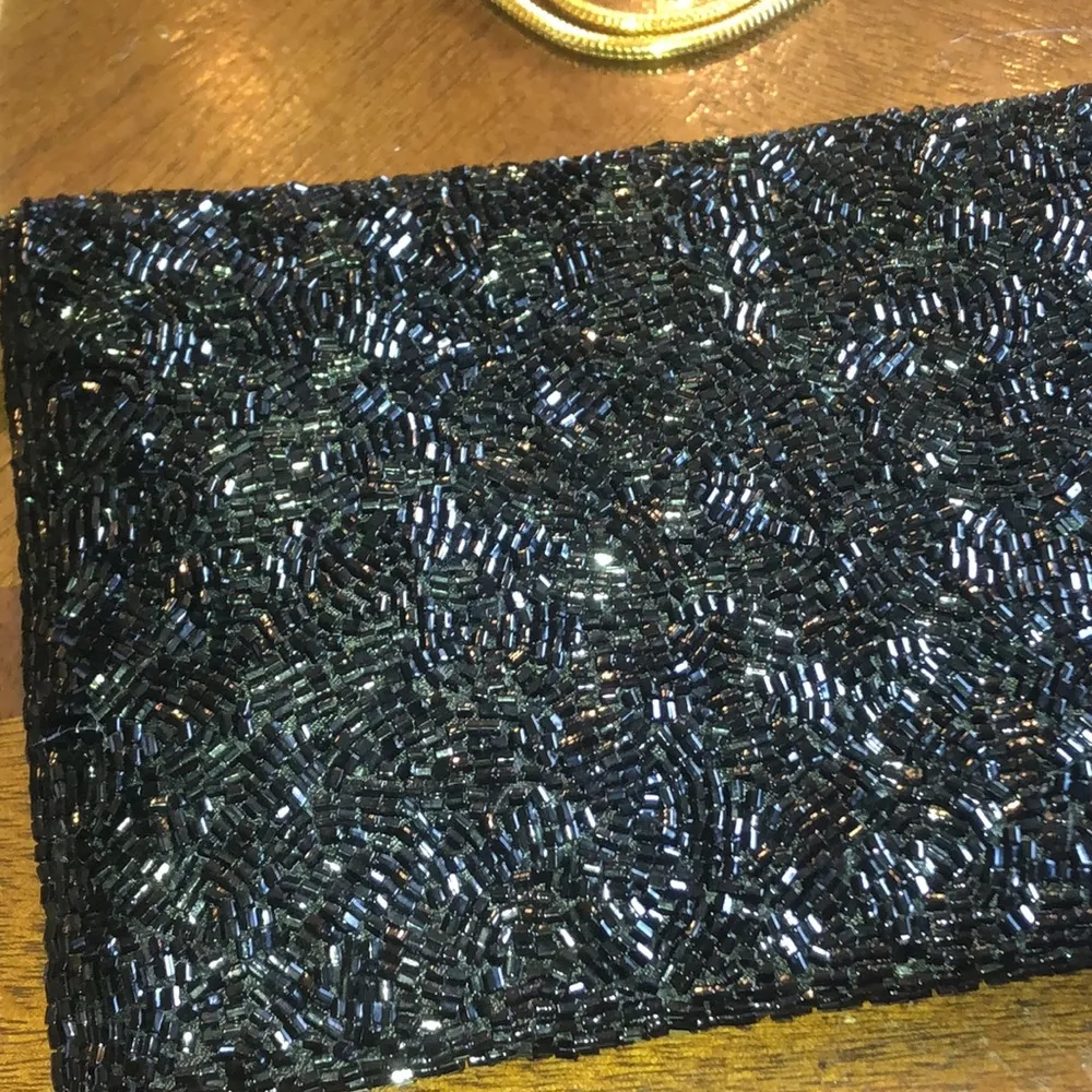 Valerie Stevens Black & Gold Tone Vintage Seed Bead Beaded Evening Bag Clutch - Image 6