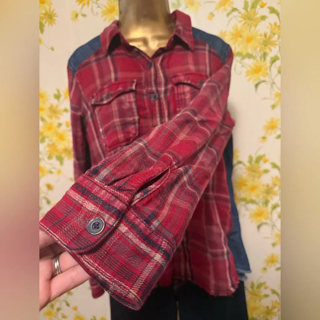 Free People Red and Blue Plaid Button-Up Top size S - Image 7