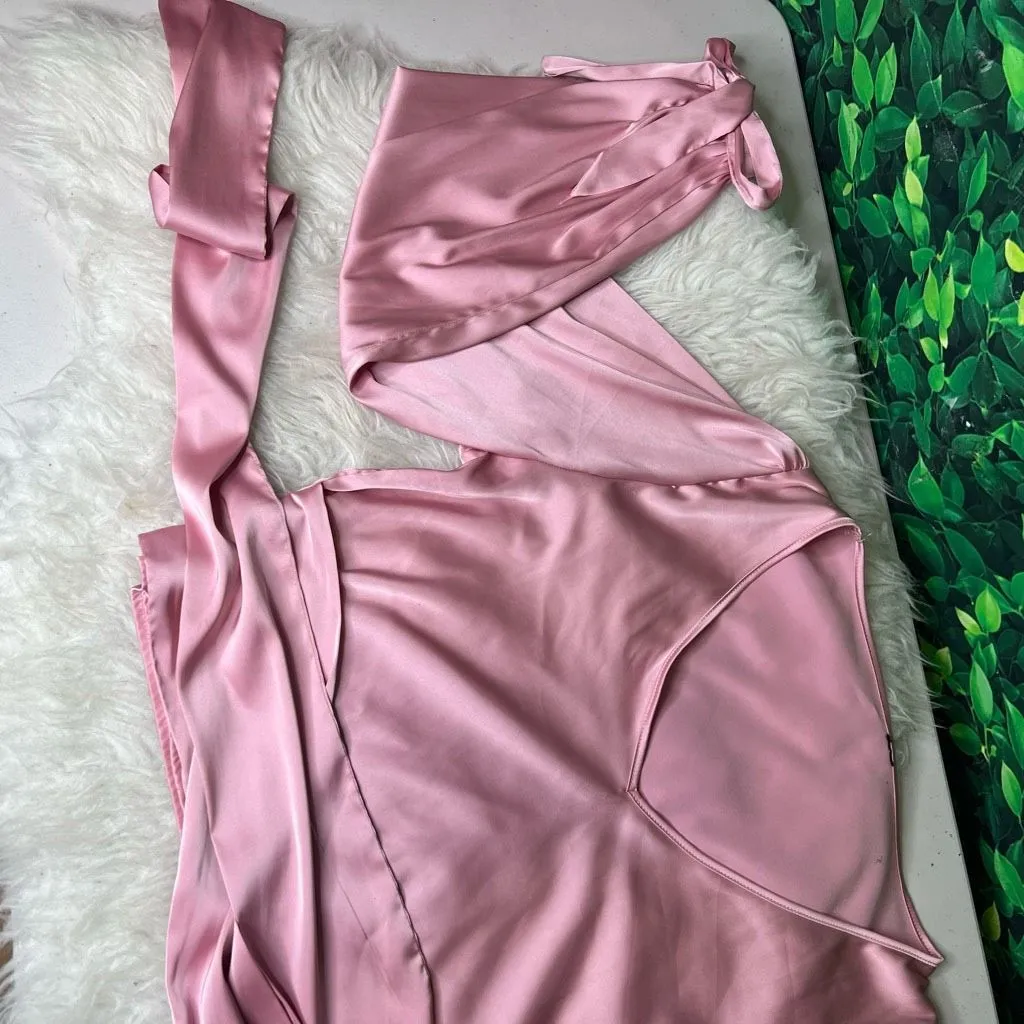 Women's Elegant V Neck Self Tie Knot Long Sleeve Satin Blouse Shirt Top Pink L Size L - Image 11