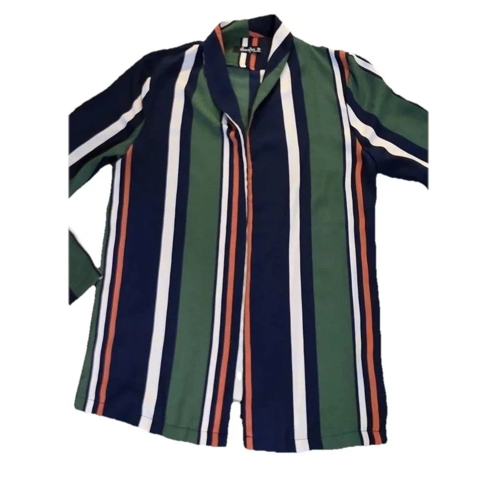 Women’s Blue green Striped Boho Retro 90s Y2K Long Sleeve Blouse Top Sz Medium - Image 3