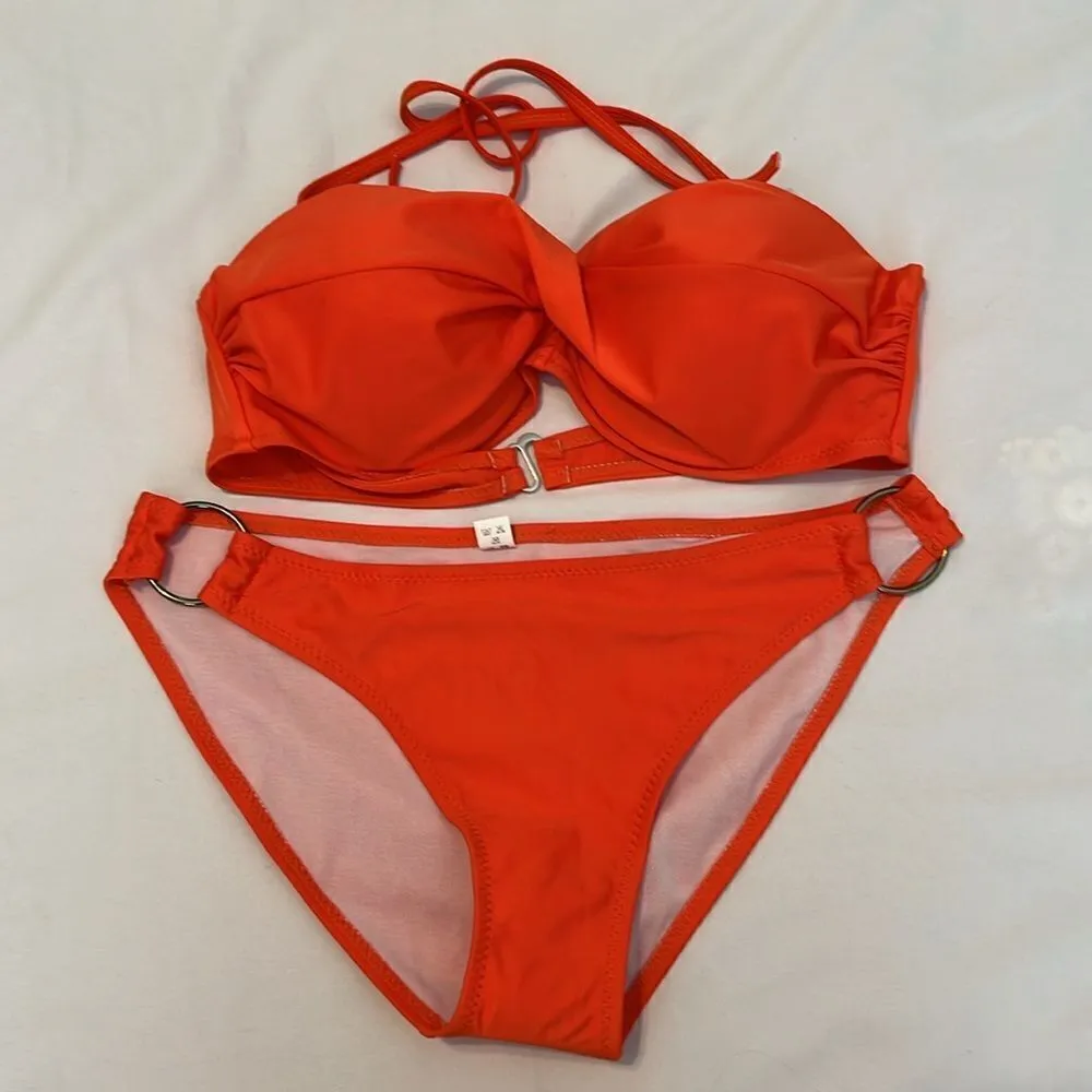 NWOT szL orange bikini structured cups removable halter straps bottom side rings Size L - Image 2