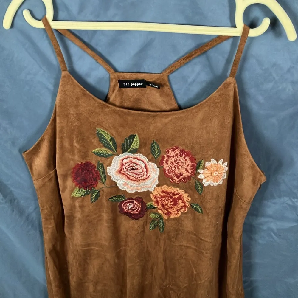 Blu Pepper: Chocolate Suede Like Embroidered Floral Dress- Side zip- M - Image 7