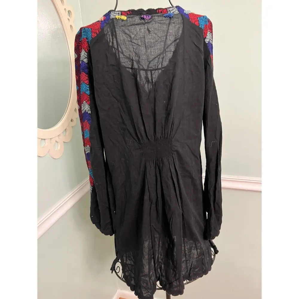 Free People Misty Meadows Black Embroidered Boho Festival Mini Dress 10 Rare - Image 7