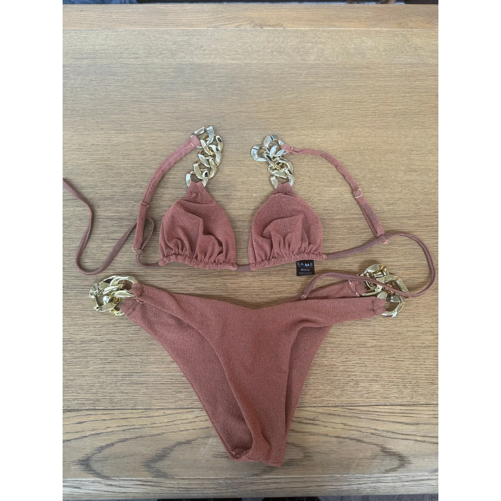 SAME Bikini SET Gold Chain Burnt Sienna Triangle Top Size S and bottoms Size M - Image 2