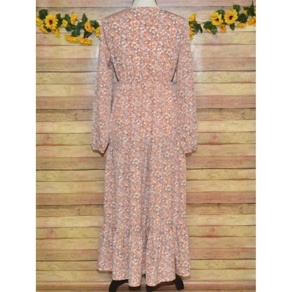 Shein Cottage Core Micro Flower Ladies S V-Neck Tiered Long Sleeve Prairie Dress - Image 6