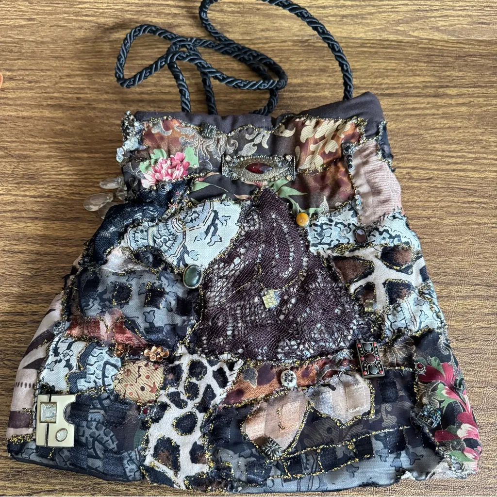 Maria Zeiour Artisan Embellished Beaded‎ Steampunk Patchwork Bucket Bag Purse Brown - Image 5