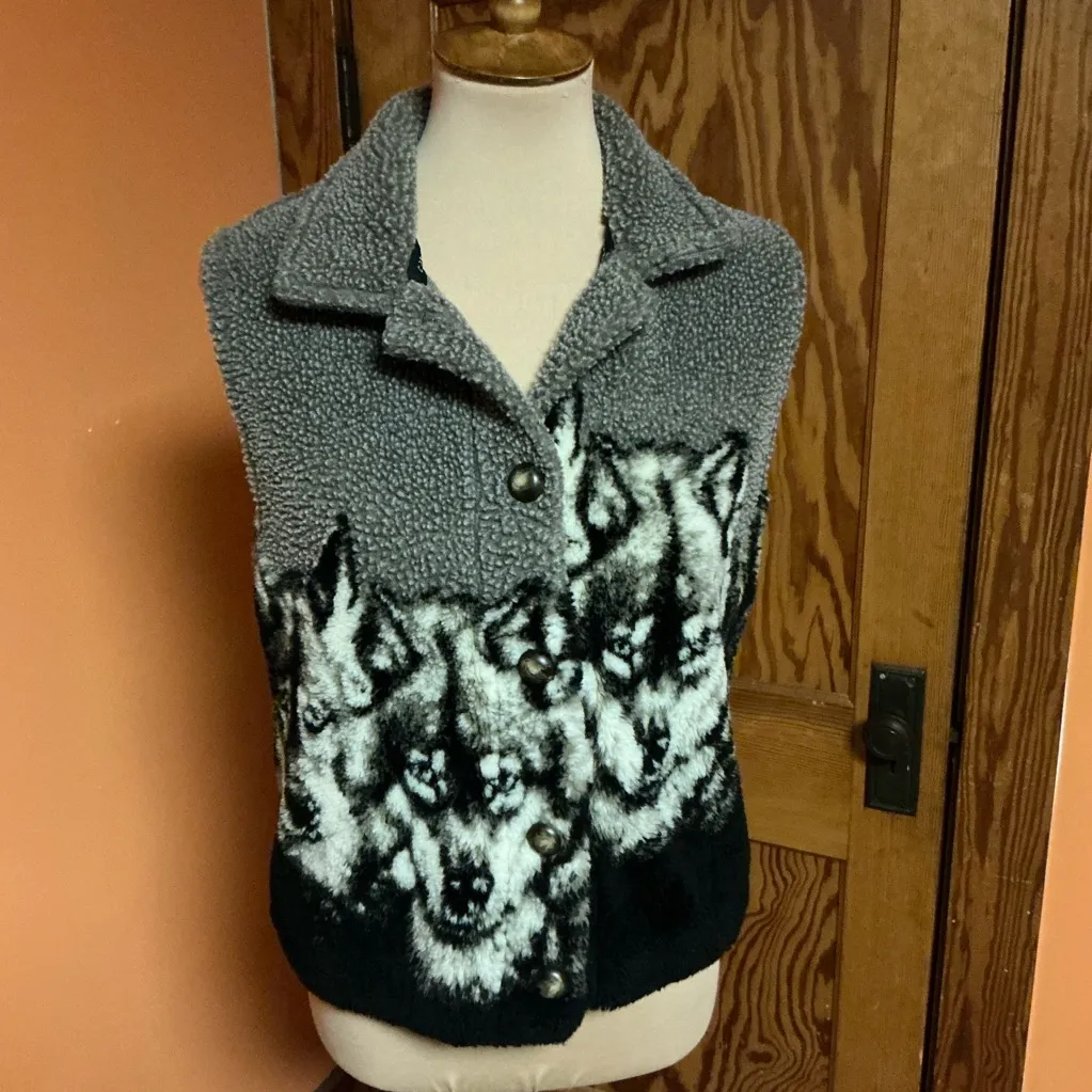 90s Vintage County Clothing Co Wolf Fleece Vest | Graphic Animal Vest - Image 9