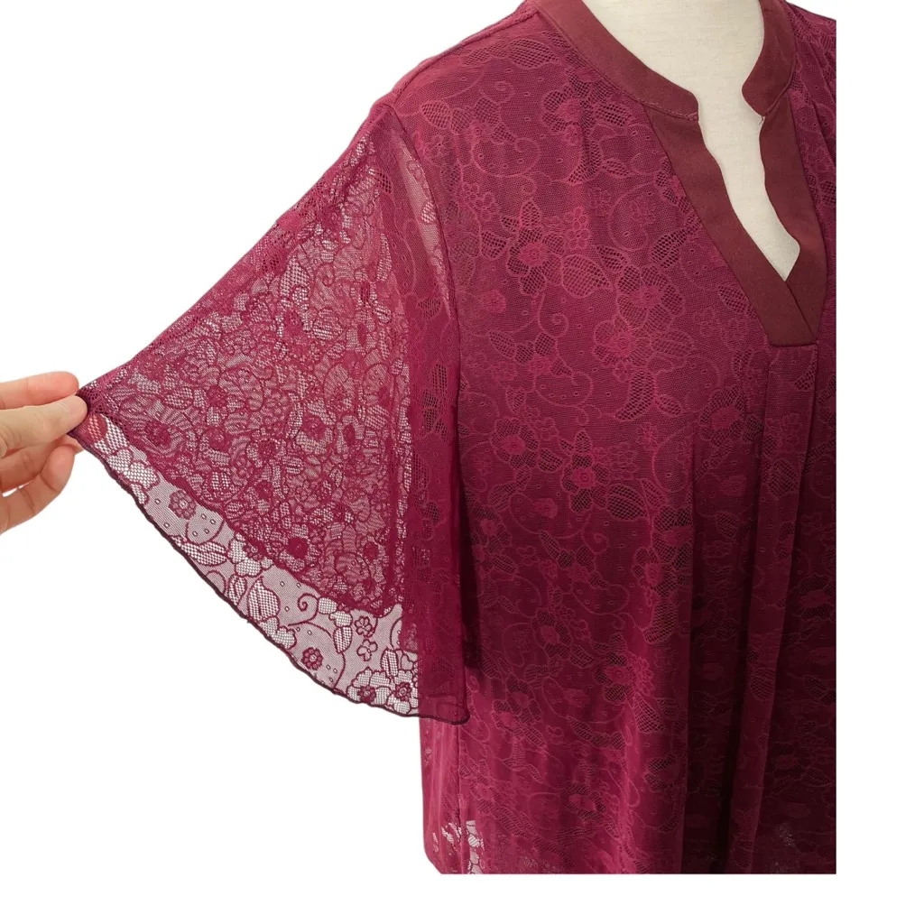 TIMESON Burgundy Lace Flutter Sleeve Top Purple Size XL - Image 3