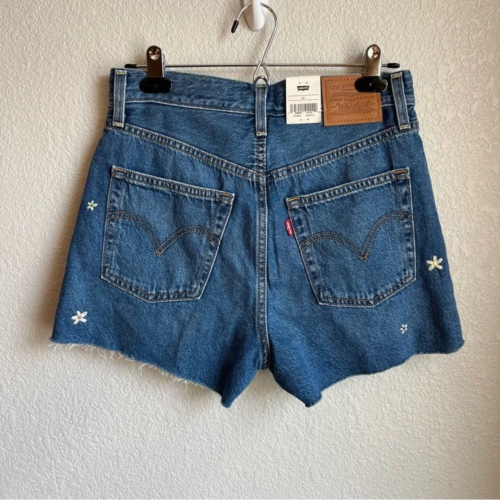Levi’s Ribcage Medium Wash High Rise Embroidered Cutoff Denim Shorts - Image 6