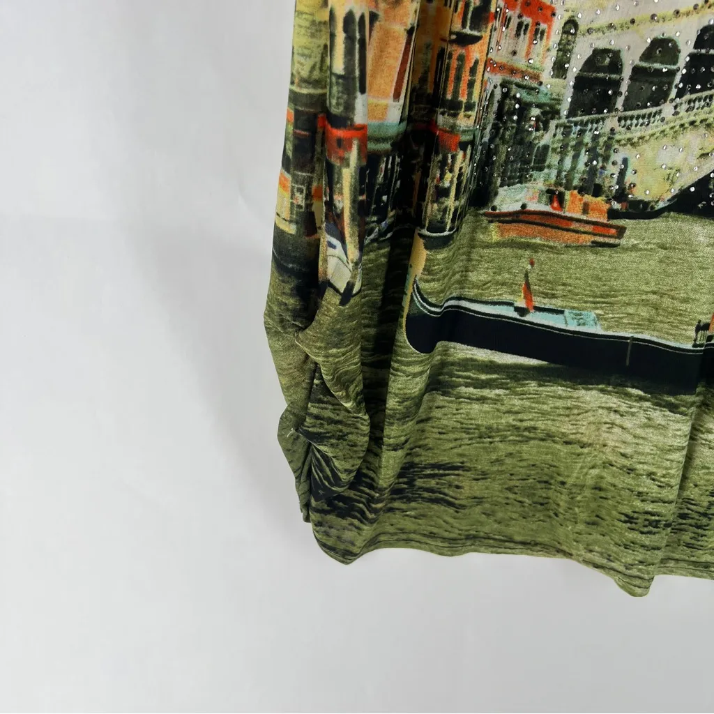 Gizel Mesh Colorful‎ Scenery Graphic Print Rhinestone Embellished Cap Sleeve Top Orange Size L - Image 4