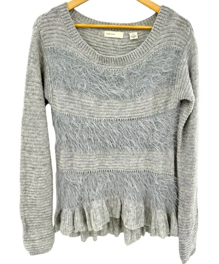 Sleeping On Snow Anthropologie Ruffled Fuzzy Sweater Gray M Pullover Knit Wool Size M - Image 1