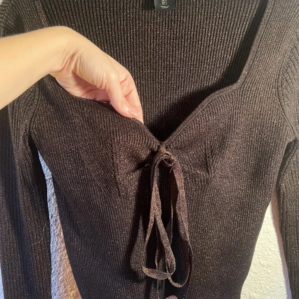 House of Harlow Metallic Sweetheart Blouse Women’s Small Brown Top Long‎ Sleeve - Image 2