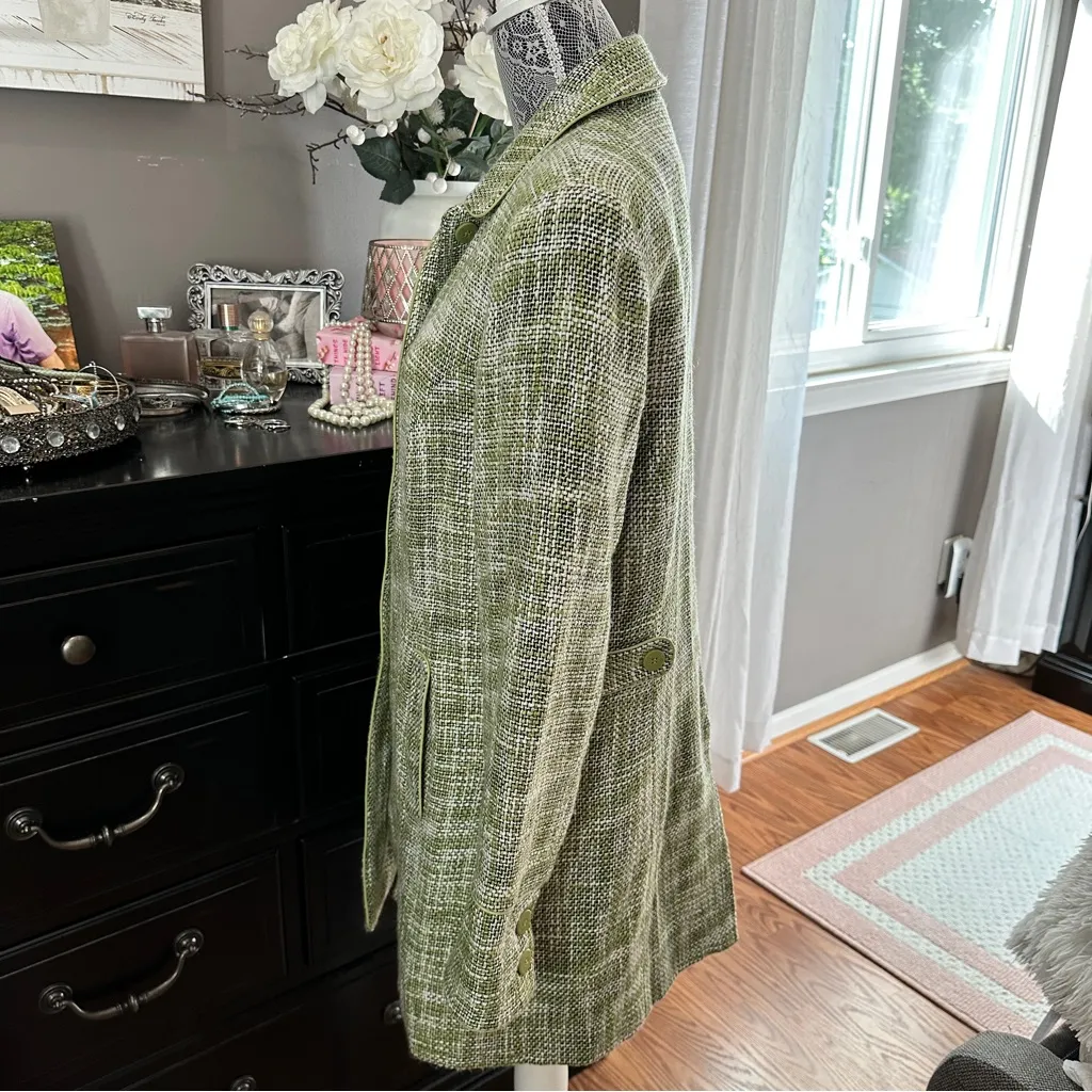 Dialogue Olive Houndstooth Tweed Trench Coat Size 10 - Image 7