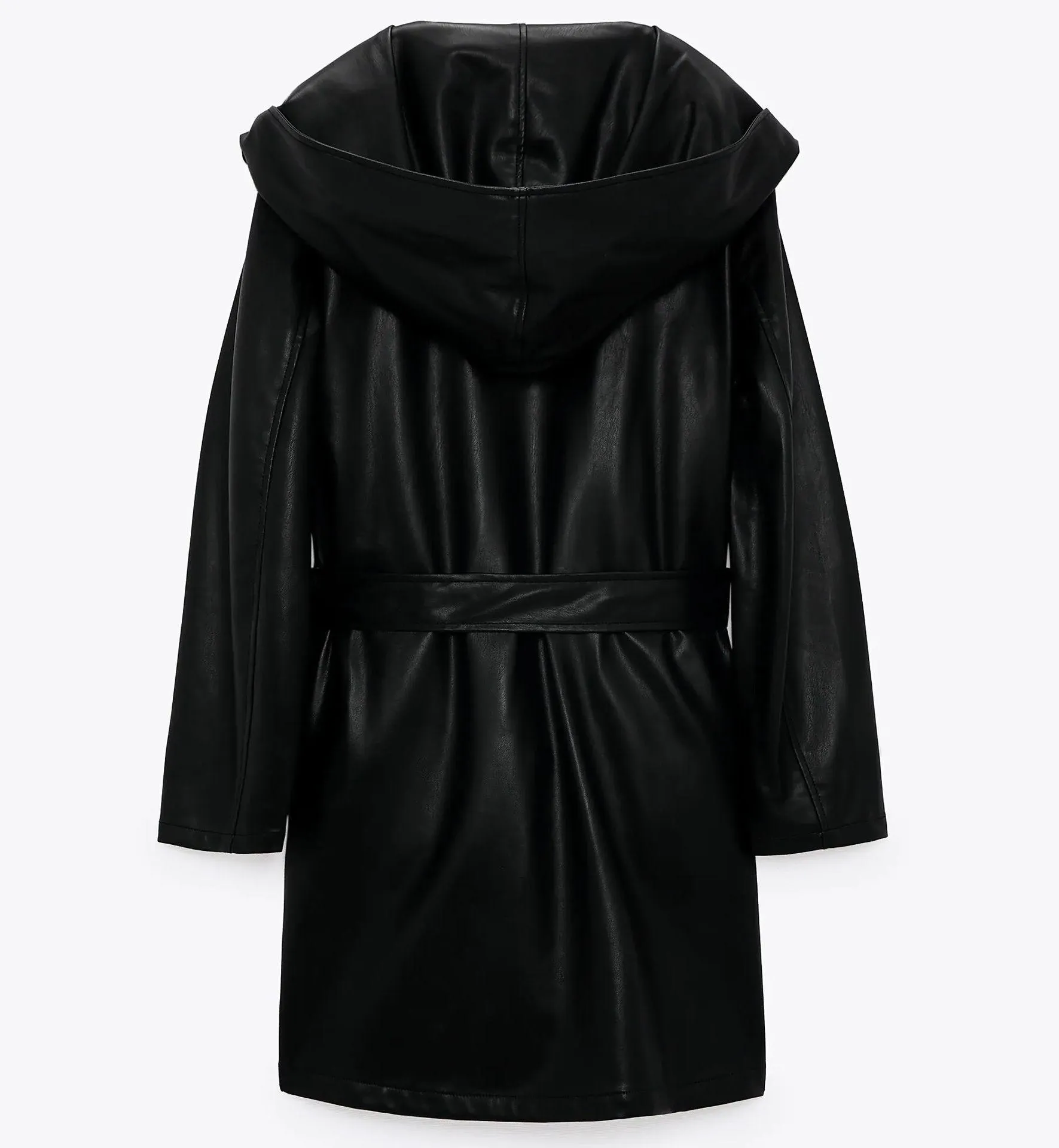 NWT  Belted Faux Leather Hooded Black Coat - Image 10