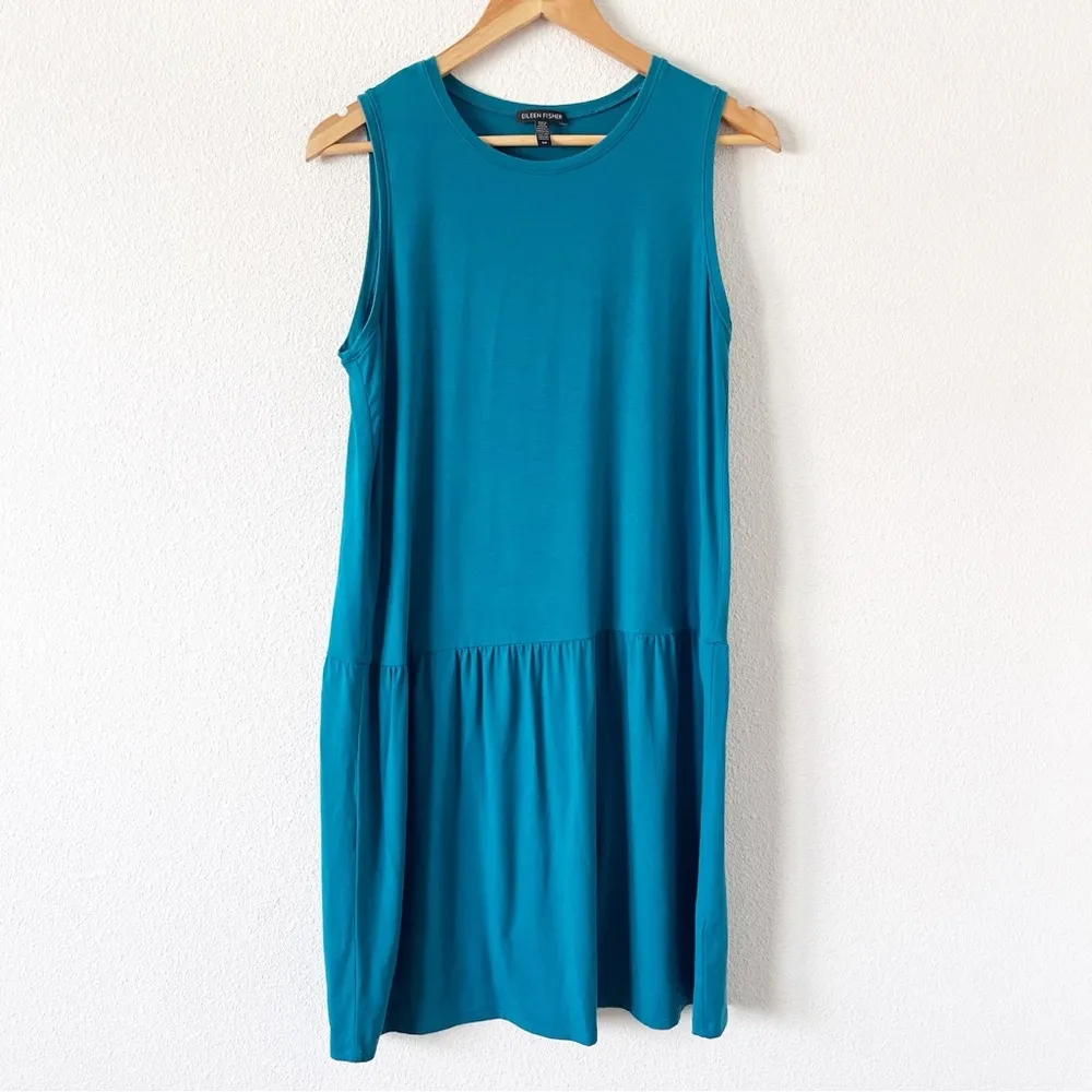 Eileen Fisher Jasper Drop Waist  Stretch Jersey Mini Shirt Dress in Green Blue - Image 3