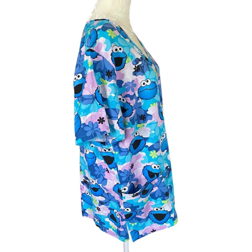 women's L blue and lavender short sleeve cookie monster scrub top - Image 3