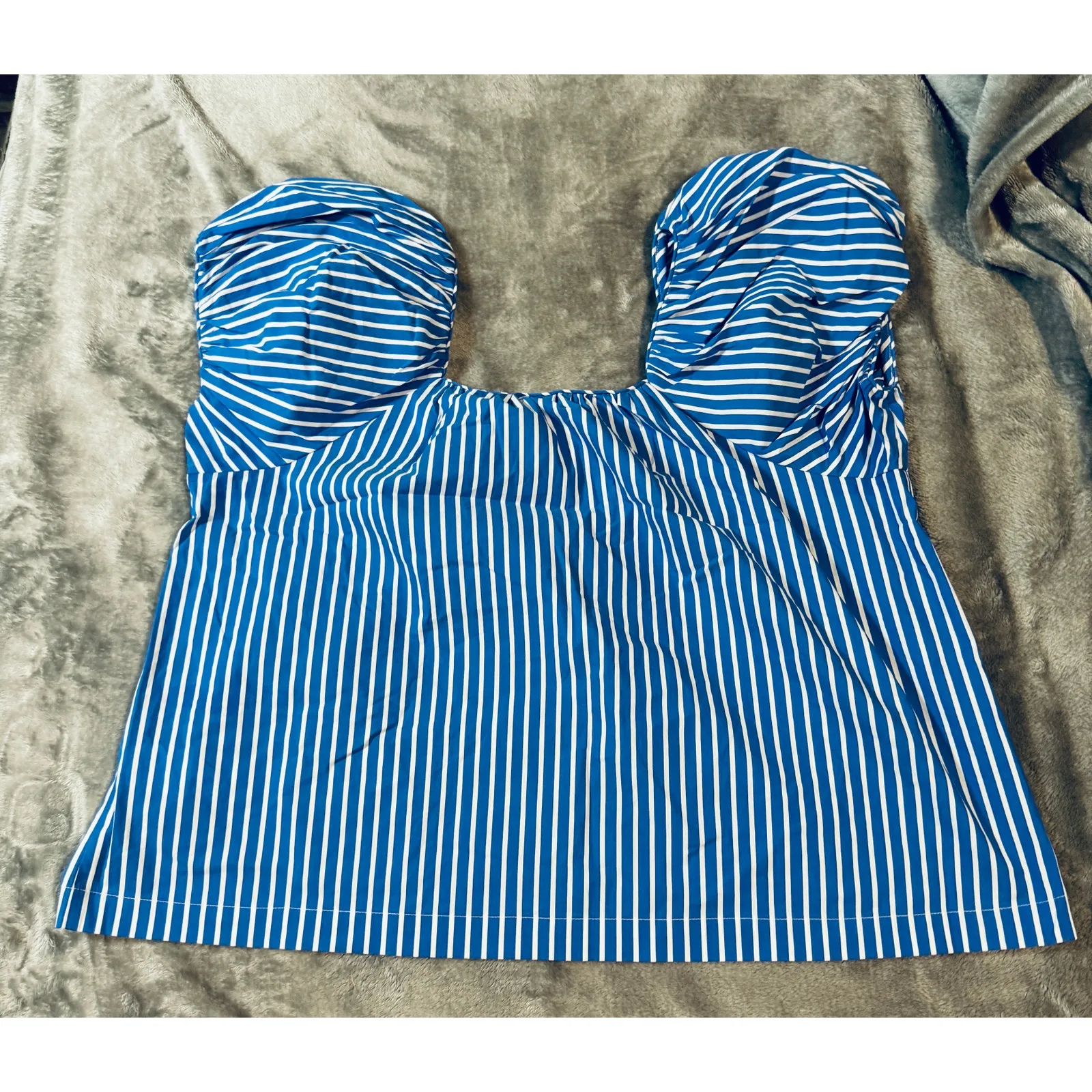 NWT Madewell Size 6 Square-Neck Puff-Sleeve Shirt Blue And White‎ Stripe Cotton - Image 3