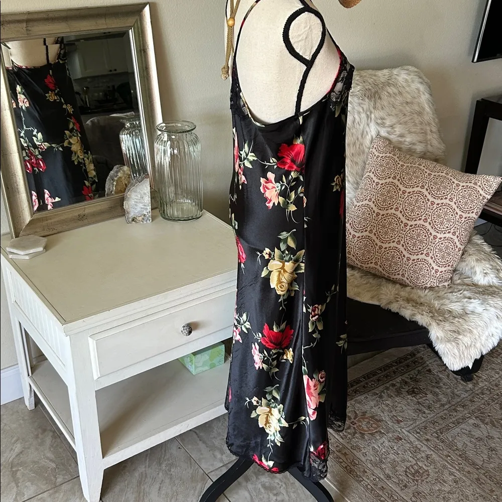 Cinema etoile VTG 🌺 black satin boho romantic floral lace maxi slip dress L​ Size L - Image 9