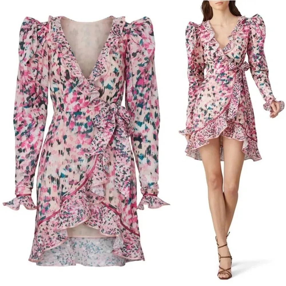 Rococo‎ Sand Mimi Ruffle Trim Long Sleeve Mini Wrap Dress Pink Floral Barbiecore - Image 2