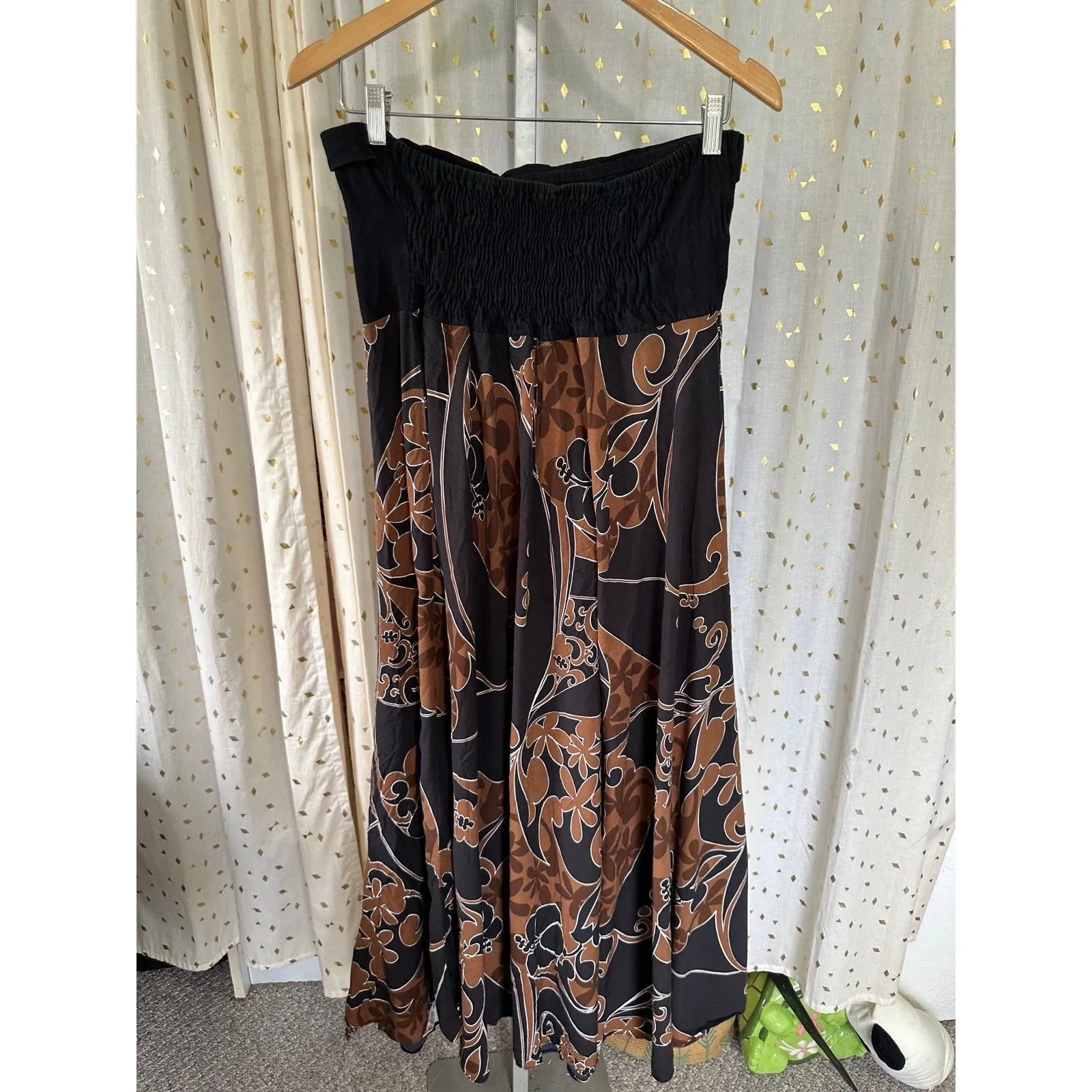Kalaheo Hawaiian Tropical Stretch Strapless Smocked Back Brown Midi Dress XL Black - Image 3