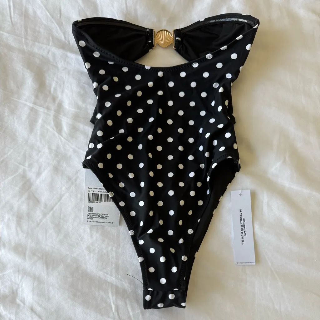 Princess Polly Black one piece swimsuit with White Polka Dots and gold sea shell - Image 2