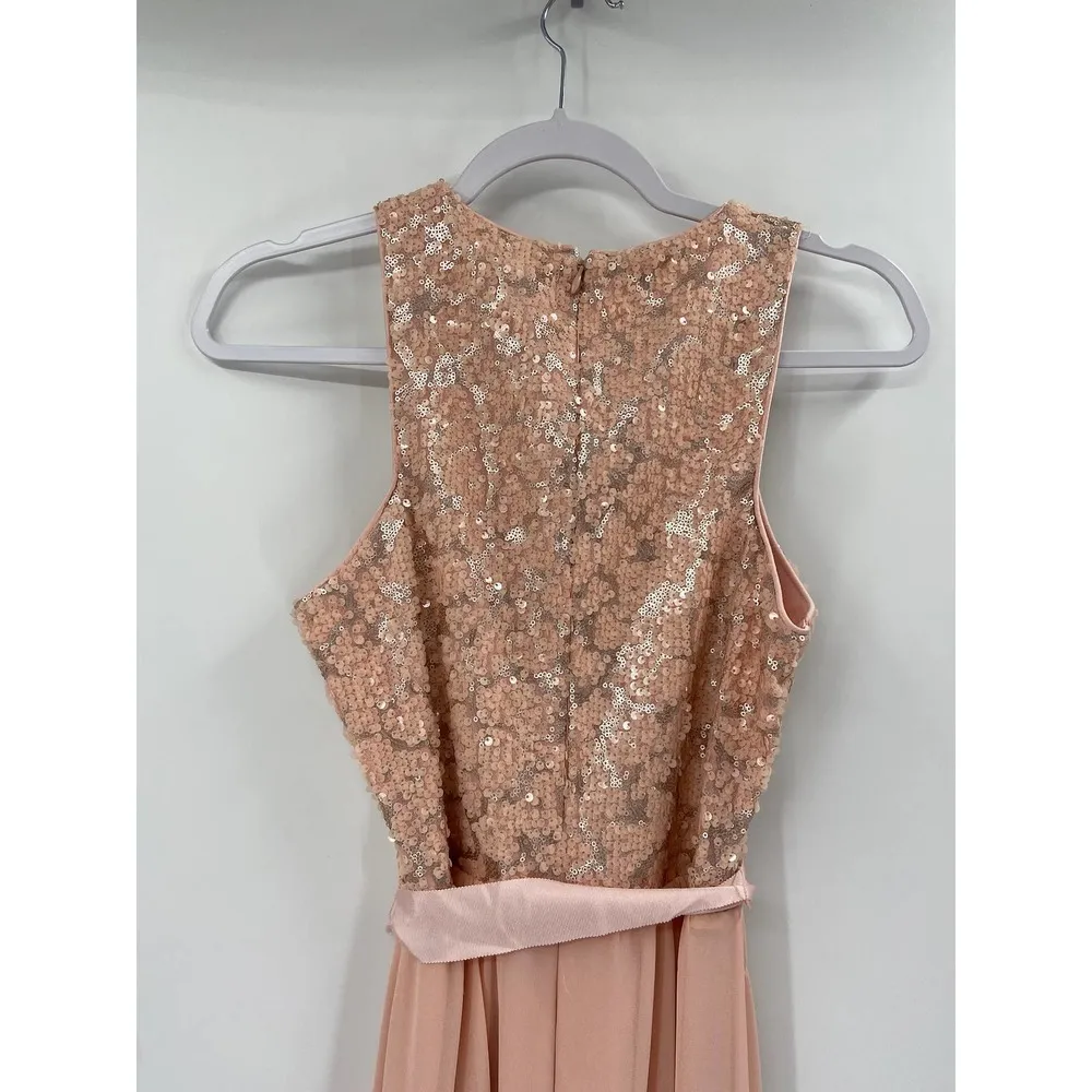 Belle Badgley Mischka Pink Sequined Chiffon Tie Waist Maxi Formal Gown Size 4 - Image 4