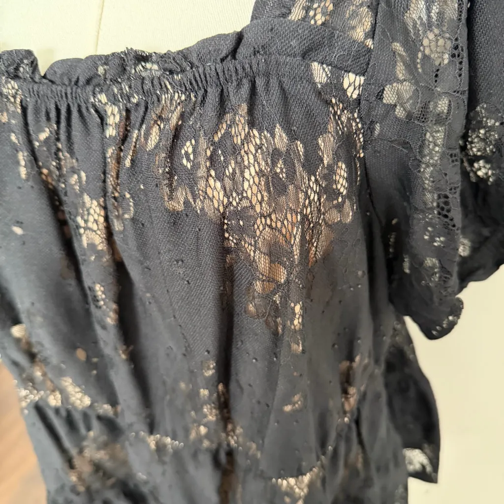 Torrid Top Babydoll Lace Tiered Ruffle Puffed Short Sleeve Boho Black Nude Tan - Image 6