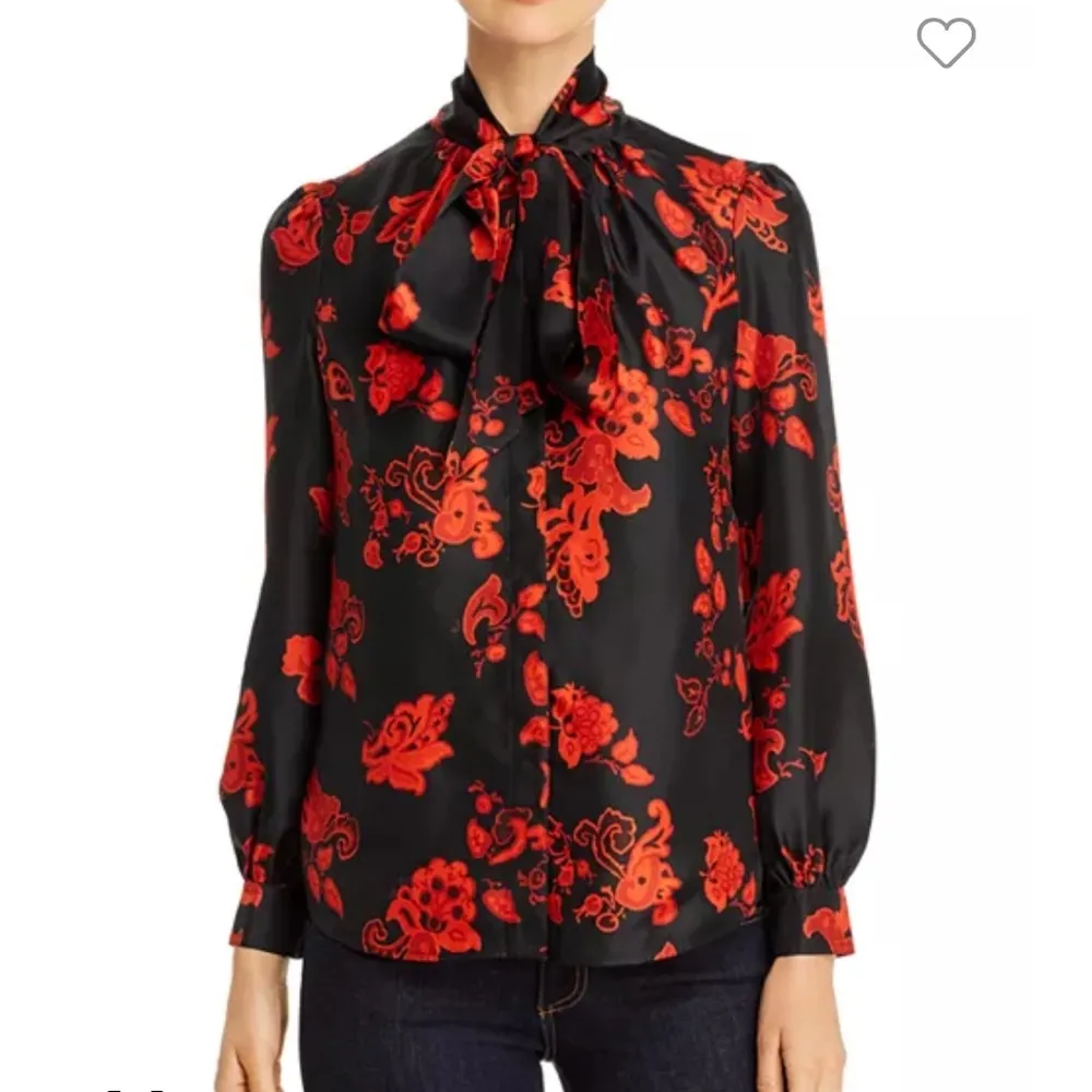 Tory Burch Paisley Silk Bow Blouse Button Down Long Sleeve Red Black Size 2 - Image 5