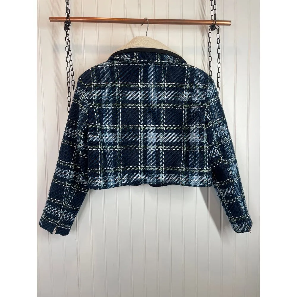 NWT Love Bonito Detachable Collar Tartan Crop Jacket Navy Blue Womens Size S - Image 3