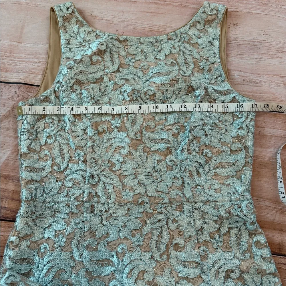 Women’s size 8 Ellen Tracy nude light aqua blue lace overlay dress sequence READ - Image 4