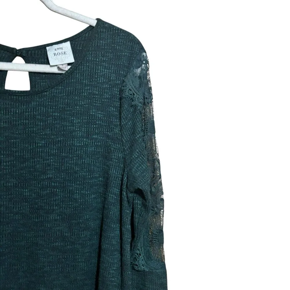 Knox Rose Tunic Top Womens Large Green Marled Lace Inset Sleeves Stretch Blouse - Image 3