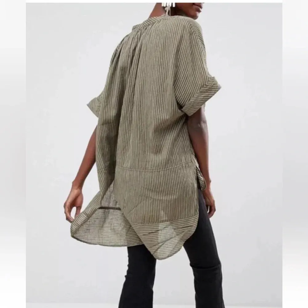 FREE PEOPLE For Keeps Striped Linen loose Tunic Relaxed Top Shirt button down - Image 8