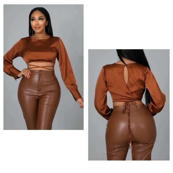 fluid satin cognac brown long sleeve tie wrap crop top size small - Image 2