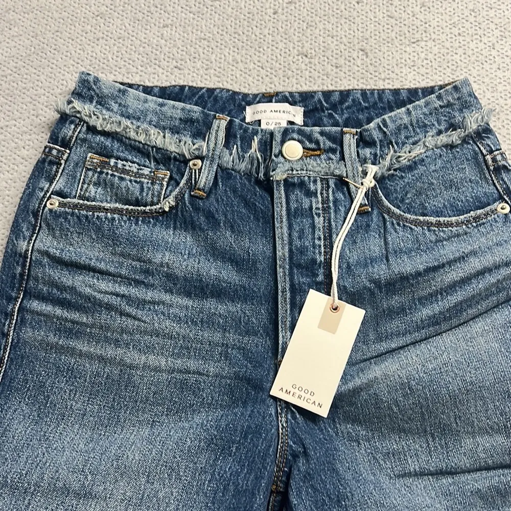 GOOD AMERICAN Blue Good Boy High Rise Straight Leg Button Fly Jeans Slit Hem 0 - Image 12