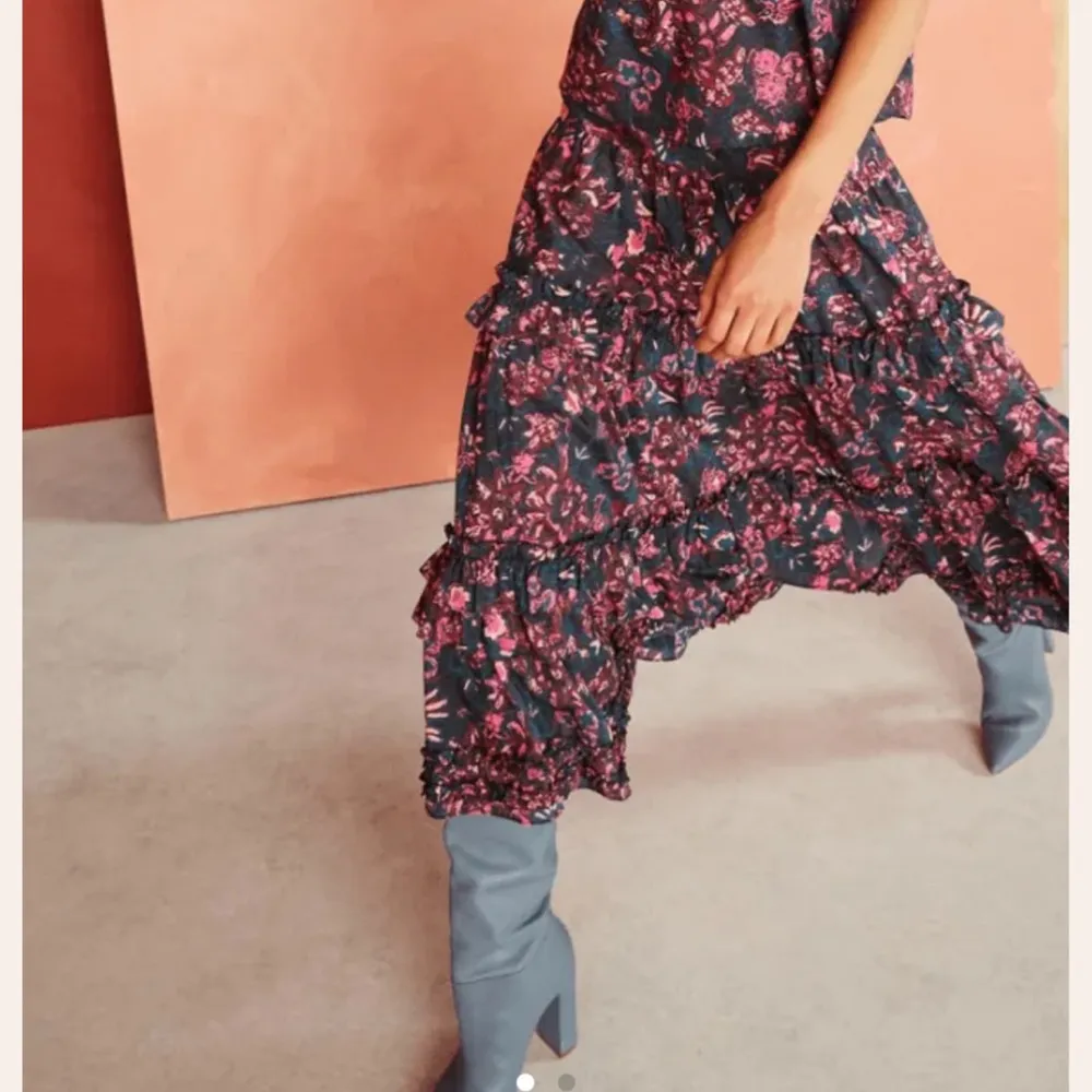 ULLA JOHNSON Amalia Midnight Floral Midi Skirt Tiered‎ Ruffle Pink Navy Size 6 - Image 3