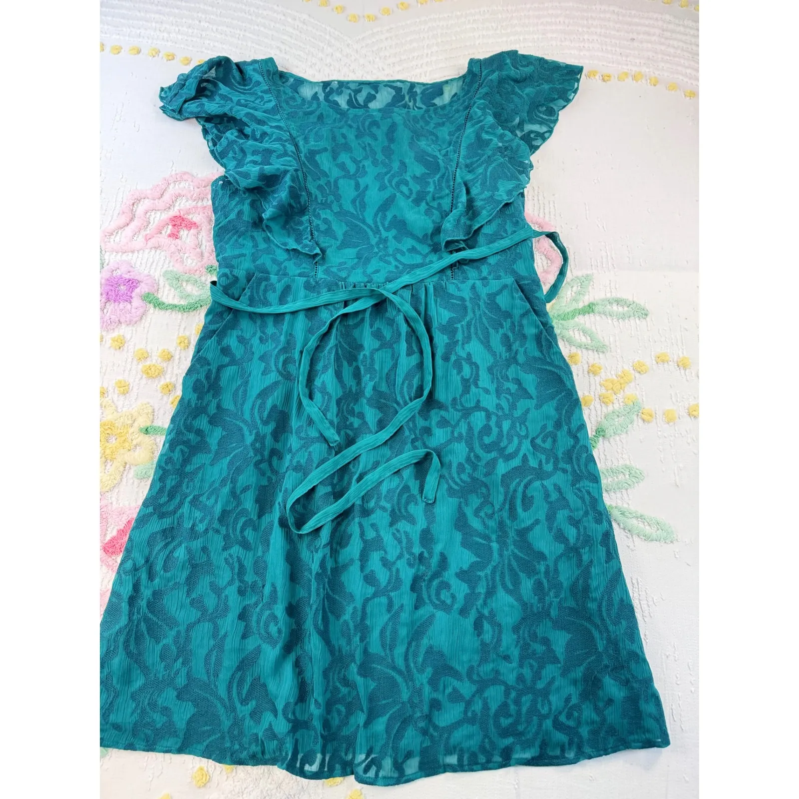 Moulinette Soeurs anthropologie Teal Lace Overlay Flutter Sleeve 14 dress - Image 3