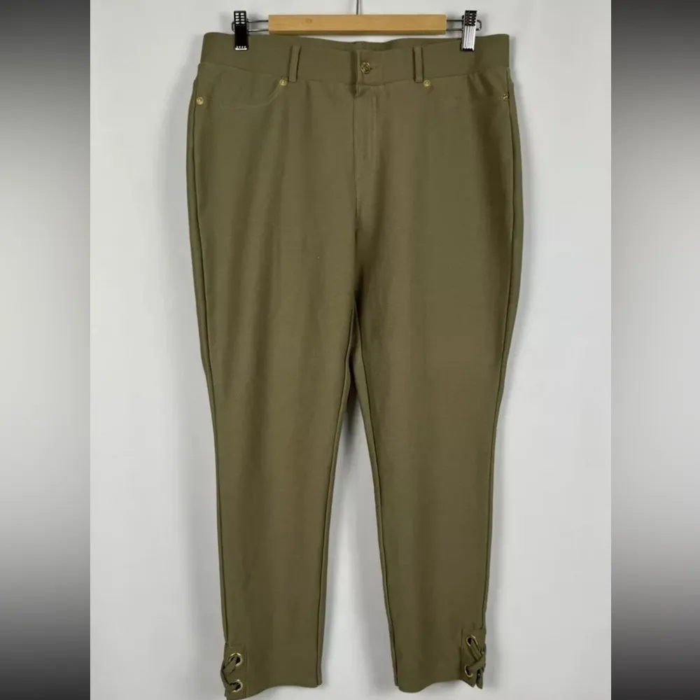 MICHAEL KORS Olive Cropped Pants Women XL Lace Grommets Pointe Knit Chic Trouser - Image 8