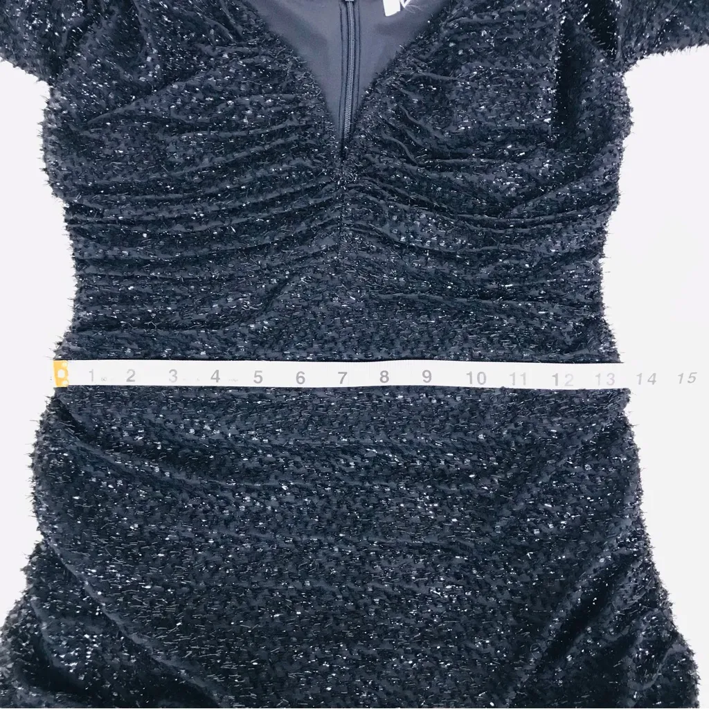 ASTR‎  Black Low Cut Long Sleeve Mini Dress Fringe Shiny Metallic Ruched Small - Image 15