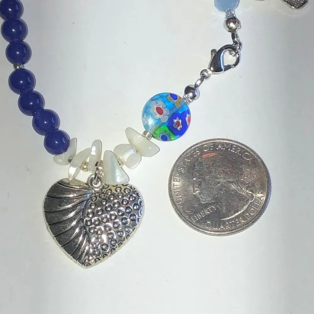 Blue & White Beaded Boho Breast Cancer Ribbon & Heart Charm Bracelet - Image 2