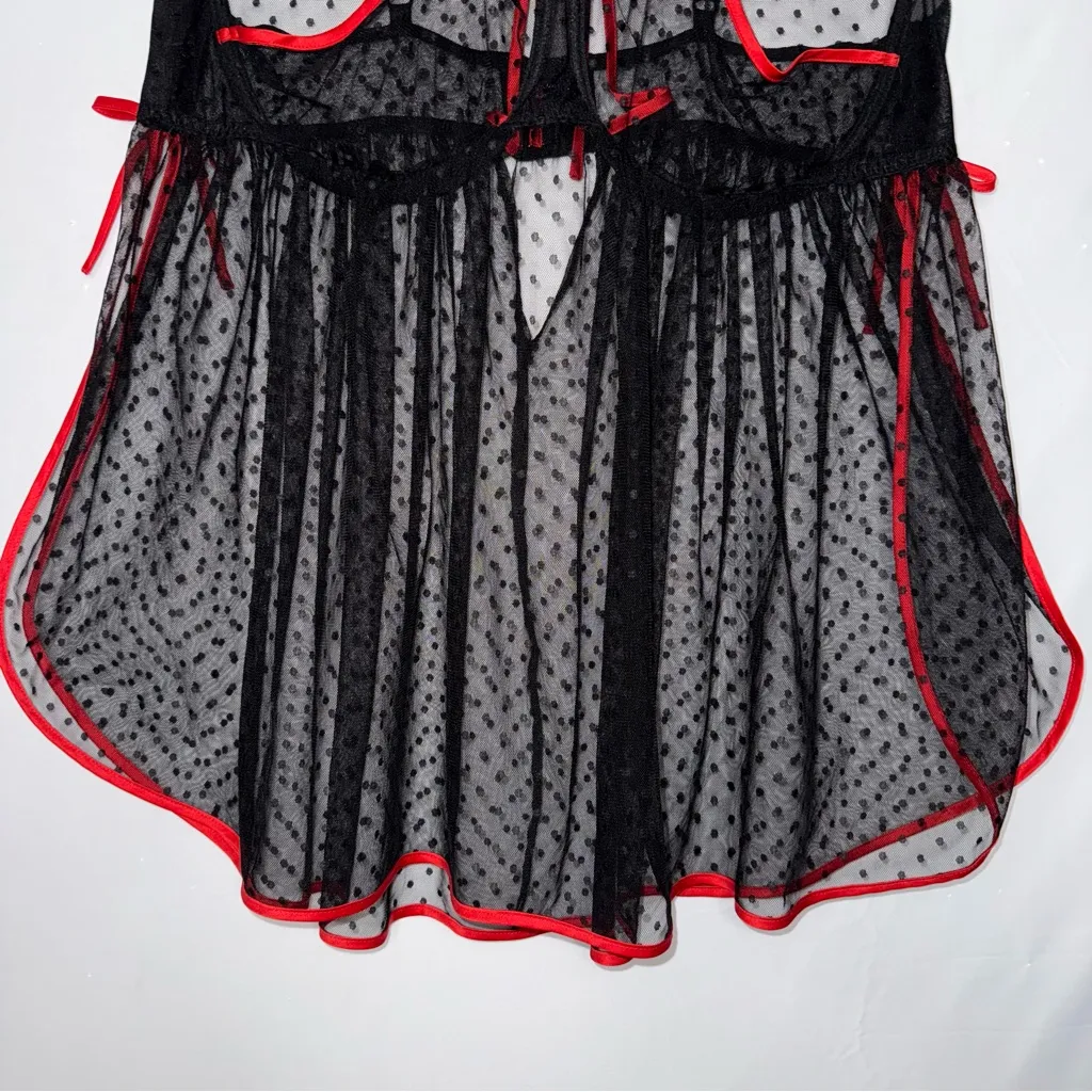 Whimsigoth Goth Polkadot Mesh Lingerie Babydoll Chemise Dress red Black Sheer Size L - Image 3