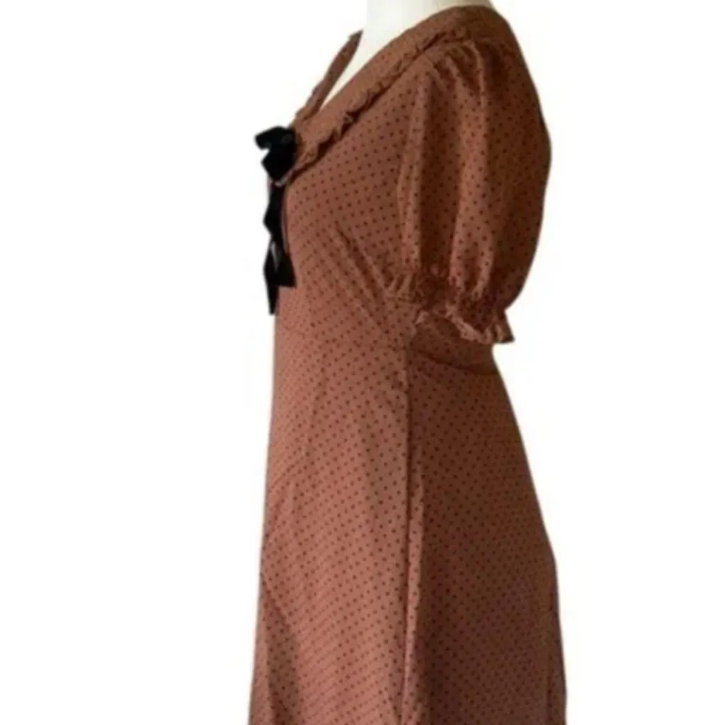 NWOT Blu Pepper POLKA DOT COLLARED VELVET TIE MINI BABYDOLL DRESS RUST BROWN - Image 4