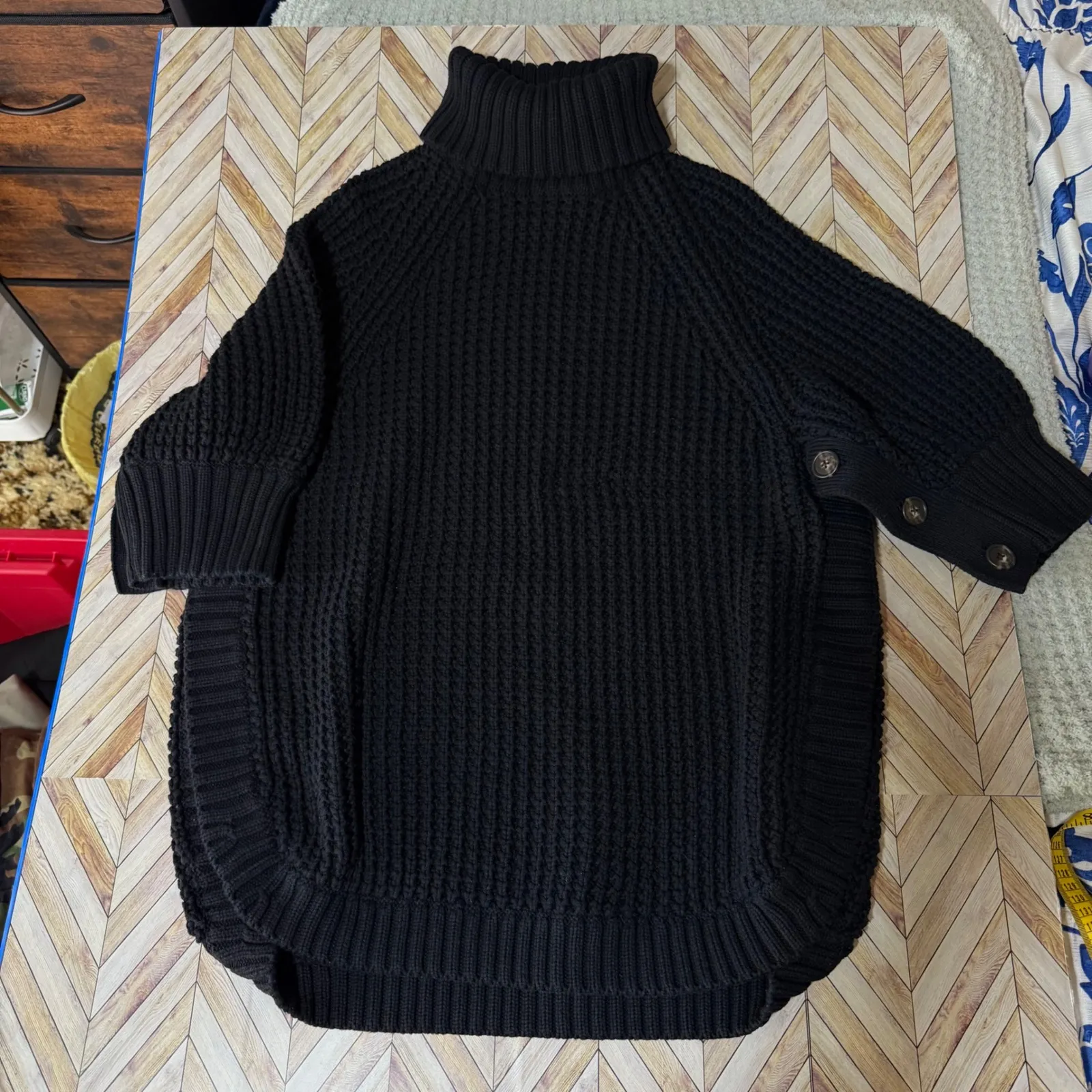 J.Crew Chunky Black Turtleneck Button Short Sleeve Knit Poncho Sweater XS Casual - Image 2