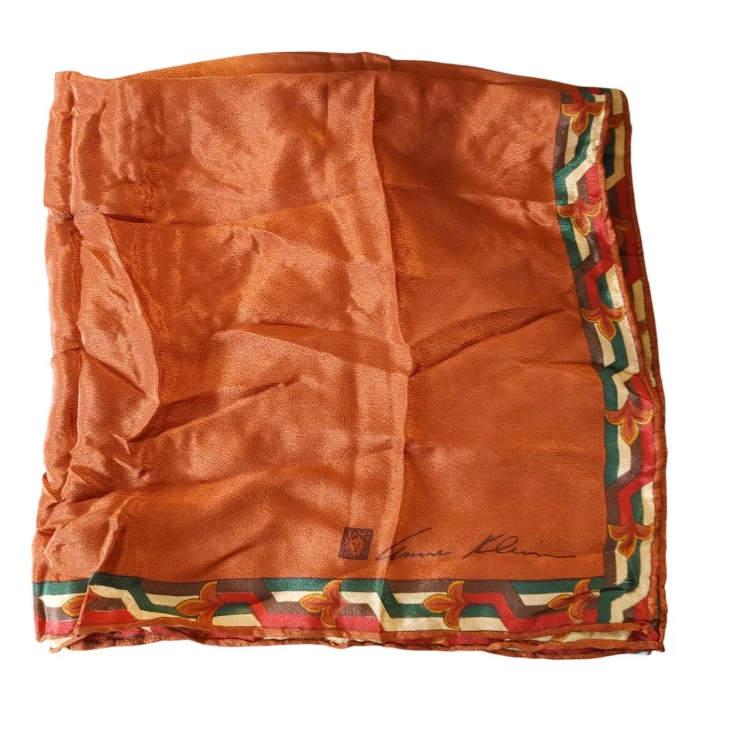 Anne Klein Scarf  Robinson Golluber Orange Floral Geometric Border Vintage Silk - Image 3