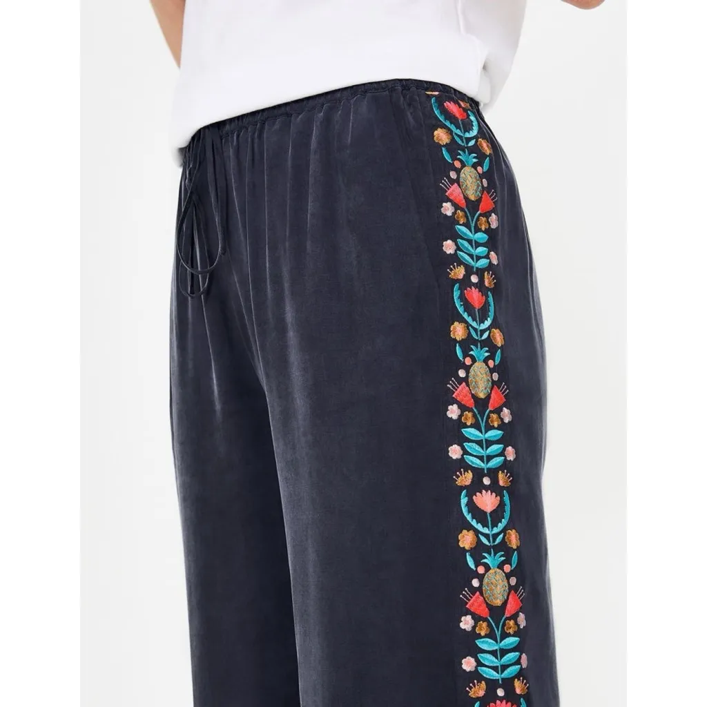 BODEN Tamara Embroidered Drawstring Loose Trousers Floral Pineapple 14 Boho Flow Blue Size 14W - Image 3