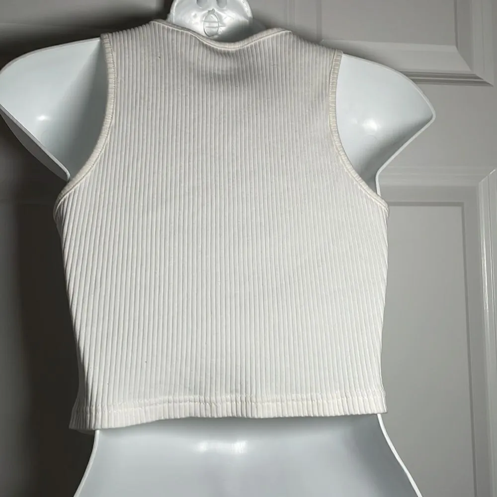 Shein Graphic Print Letter Angel Rib Knit Crop Tank Top Medium White Blue - Image 10