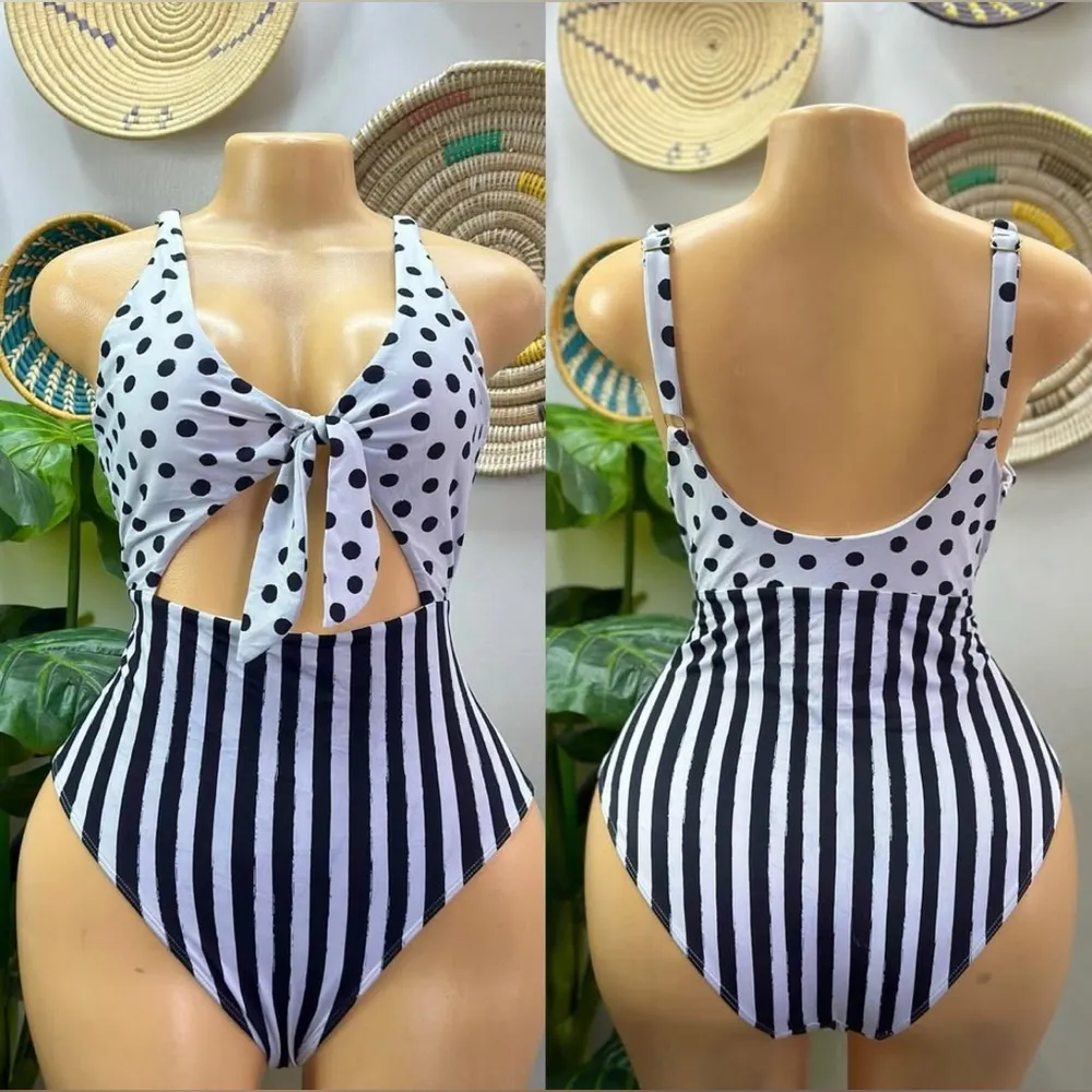 Pin-Up Polka Dot Striped Tie Front Keyhole Cheeky 1-Pc Swimsuit L White Black - Image 3