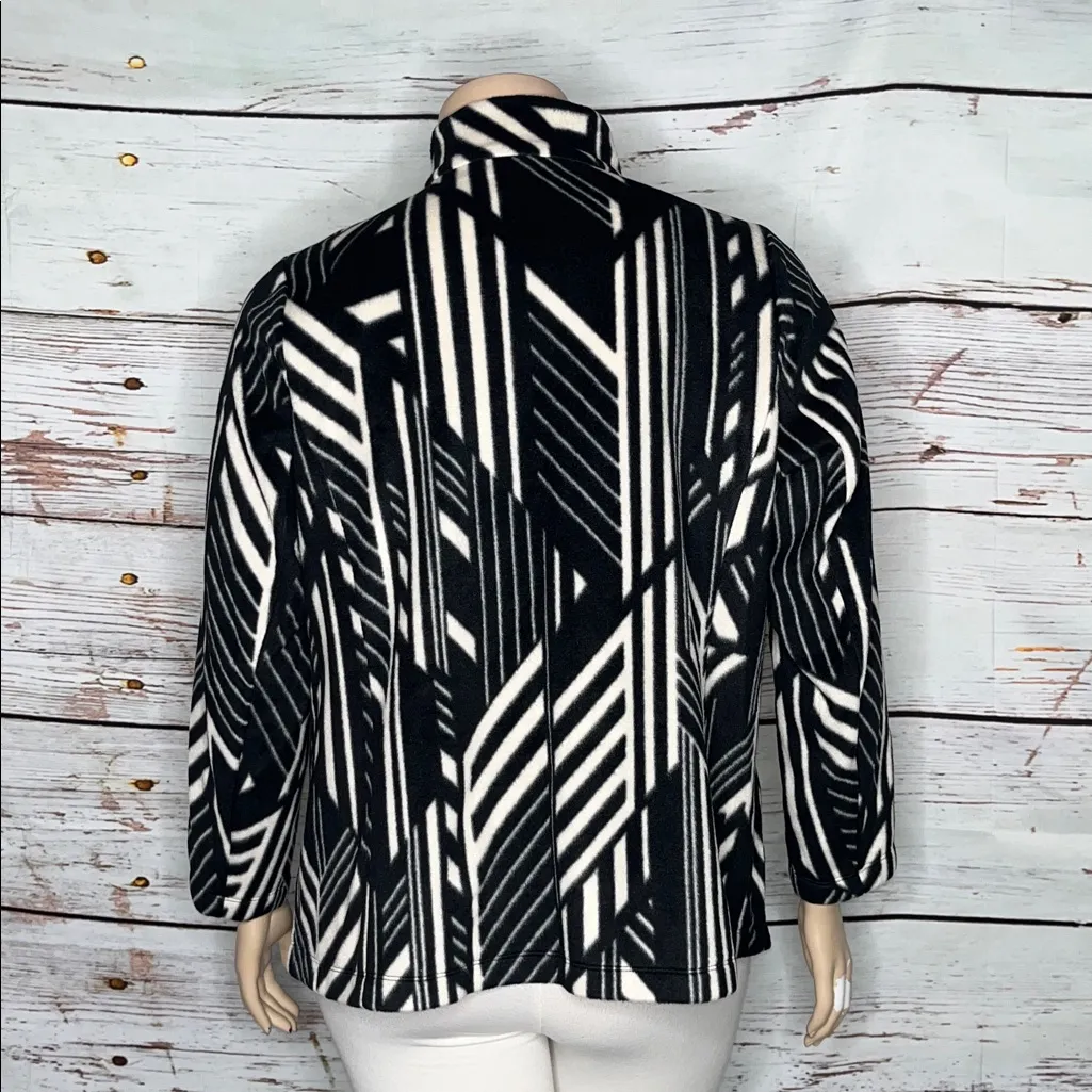 Susan Graver Weekend Size 1X Black & Cream Geometric Print Zip Up Fleece Jacket - Image 3