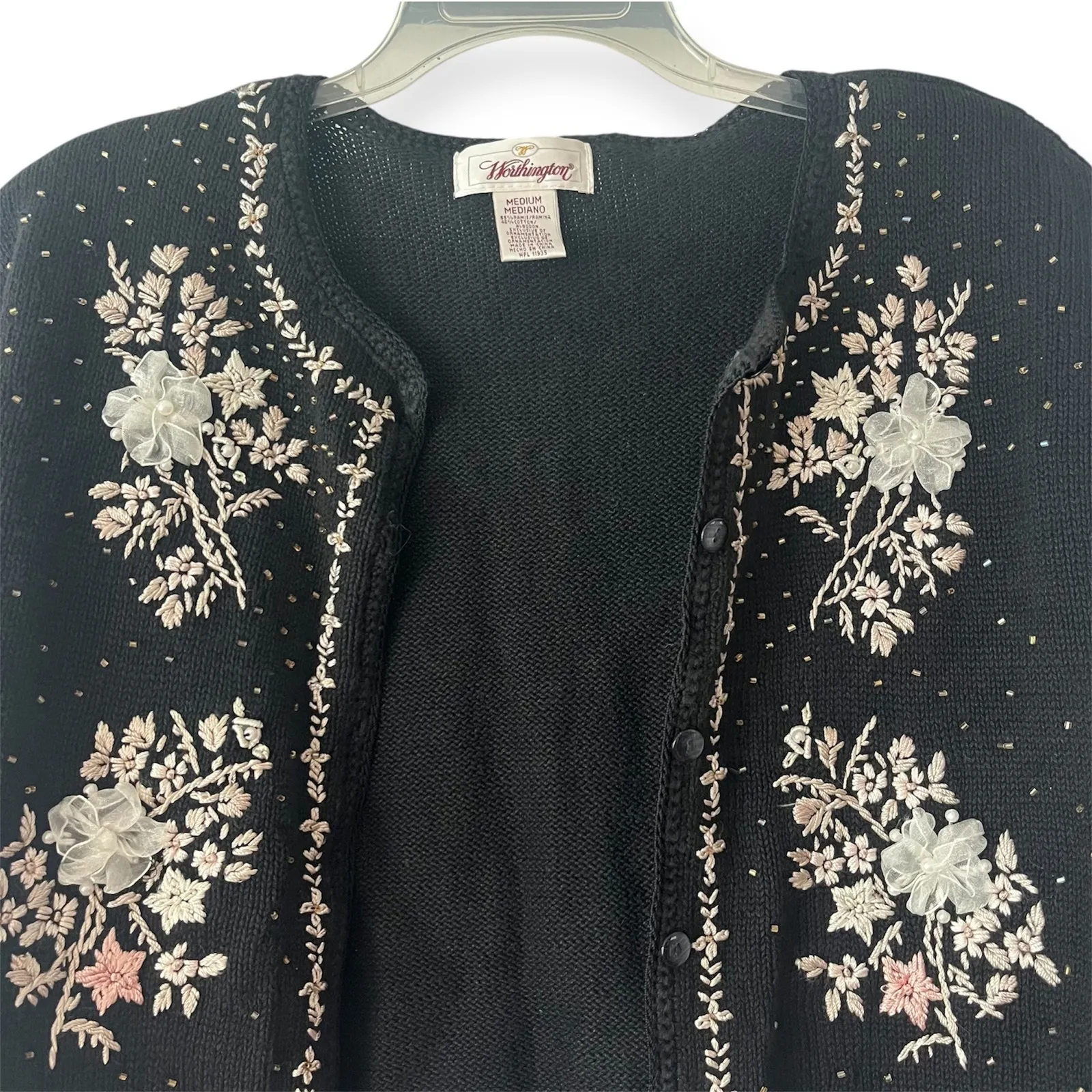 Worthington Black Floral Embroidered Beaded Knit Cardigan Grannycore Retro Sz M - Image 2