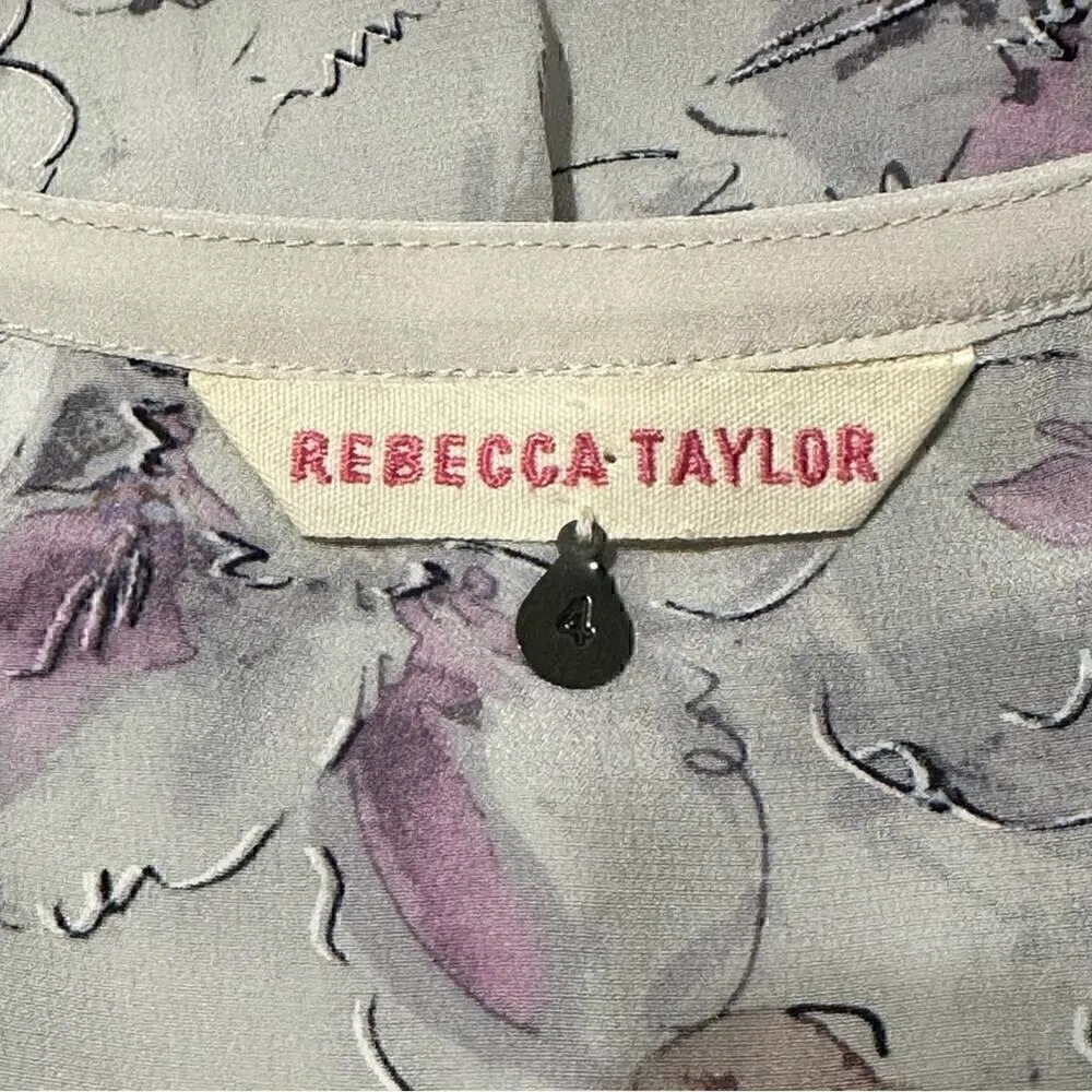Rebecca Taylor Women’s Size 4 Pale Gray Purple Floral Long Sleeve Pop Over Top - Image 5